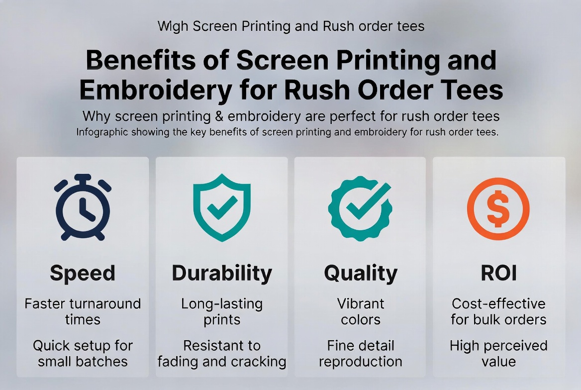 Benefits of screen printing and embroidery for rush order tees