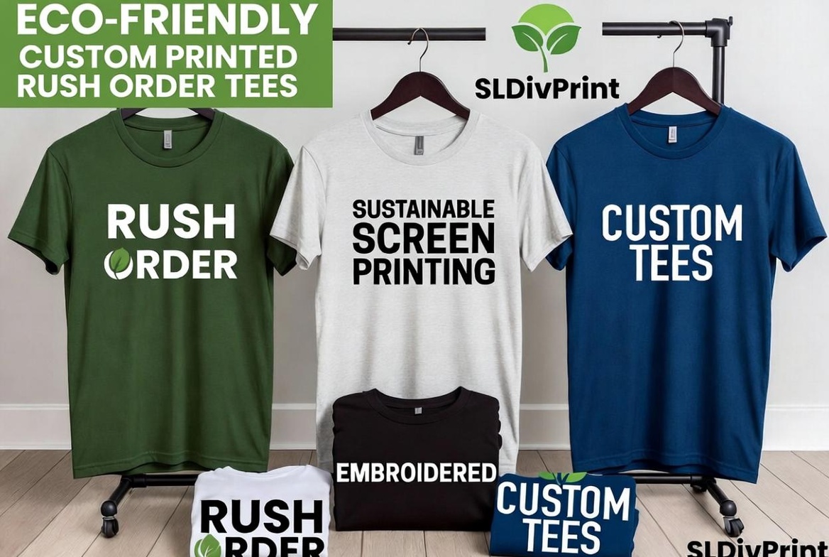 Sustainable screen-printed and embroidered rush order tees